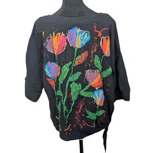 Vintage Joanna Black Cottage Floral Painted Boho Blouse Size Petite L
